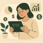 What is an ETF – A beginner investor exploring ETF options on a tablet with icons of pie charts, graphs, and dollar signs.