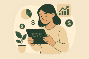 What is an ETF – A beginner investor exploring ETF options on a tablet with icons of pie charts, graphs, and dollar signs.