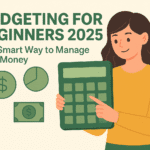 2D illustration of a young woman managing her finances with a laptop and dollar-themed background — perfect for a blog post about Budgeting for Beginners 2025.