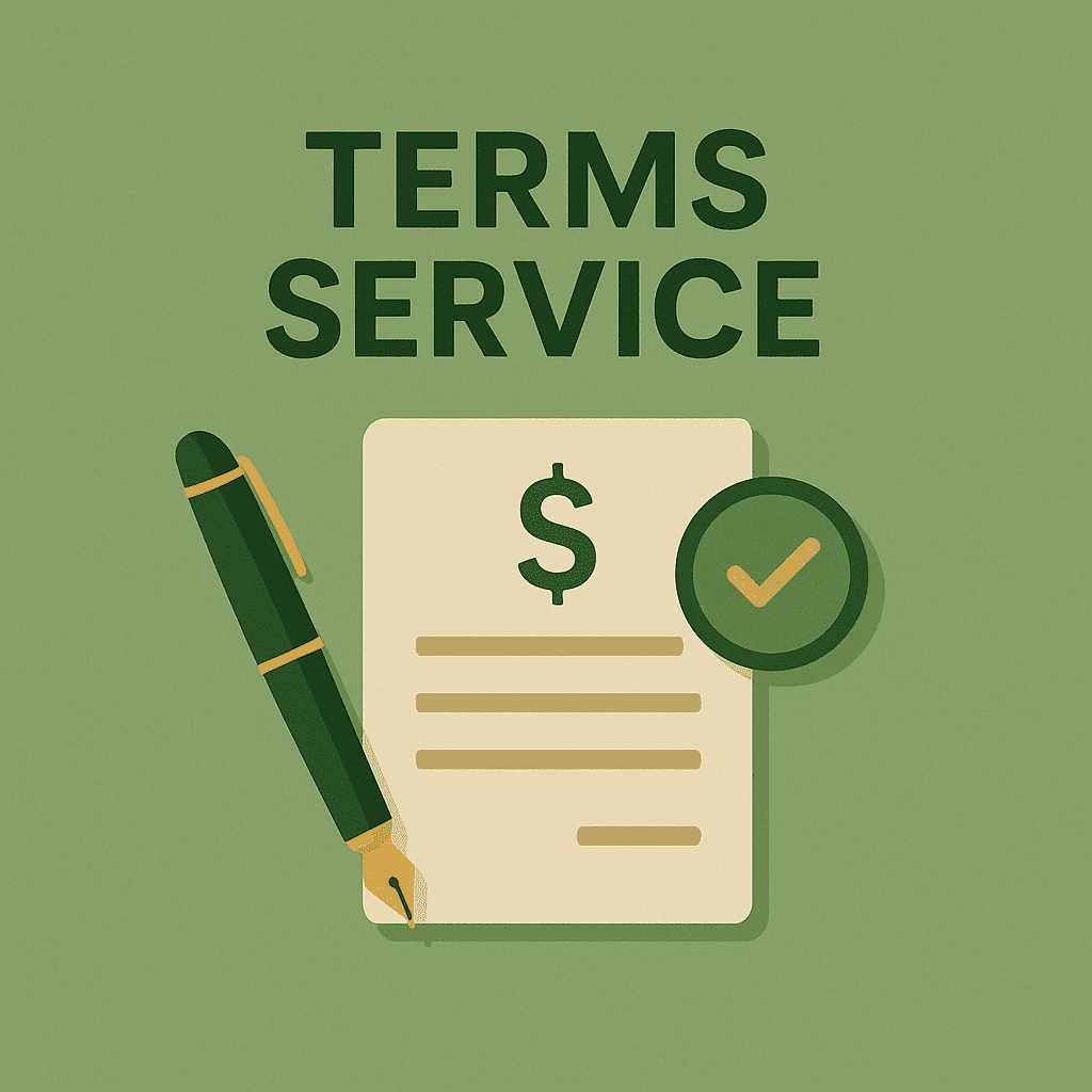 Wealthino Terms of Service illustration featuring bold dark green text, a beige document with a dollar sign, a gold-accented fountain pen, and a checkmark badge on a textured green background