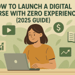 “Young woman launching a digital course with zero experience, surrounded by video icons, charts, and dollar signs – flat illustration in dollar green and beige tones.”