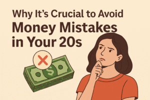 A young person holding their head in frustration while looking at bills, symbolizing common money mistakes in your 20s.
