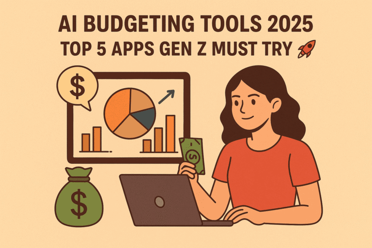 AI Budgeting Tools 2025 illustration showing a Gen Z girl managing money with dollar-themed design on a cream background