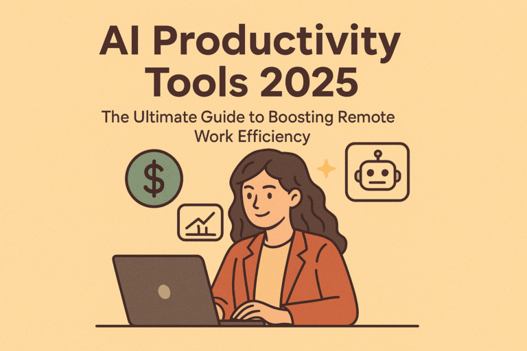 Minimalist illustration of a young woman using AI Productivity Tools 2025 on a laptop, with a cream background and dollar-inspired color palette, symbolizing remote work efficiency and financial growth.