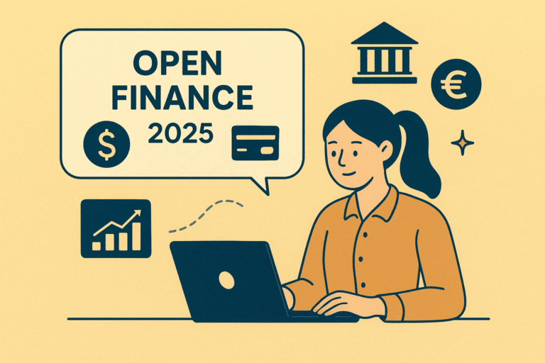 Open Finance Tools 2025 illustration showing a young woman managing digital finance apps with dollar-themed colors on a cream background.