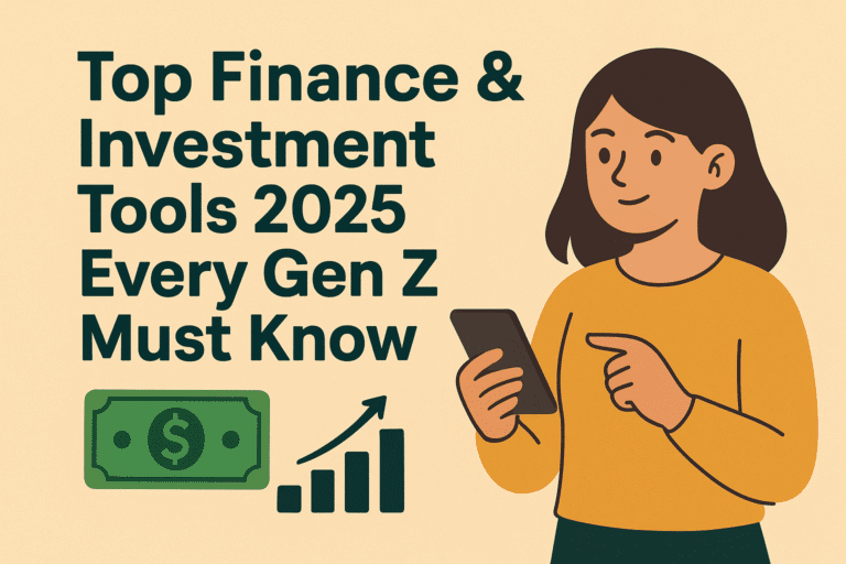 A modern flat-style digital illustration of a young woman using a smartphone with financial charts, dollar icons, and fintech symbols in the background, representing Finance & Investment Tools 2025.