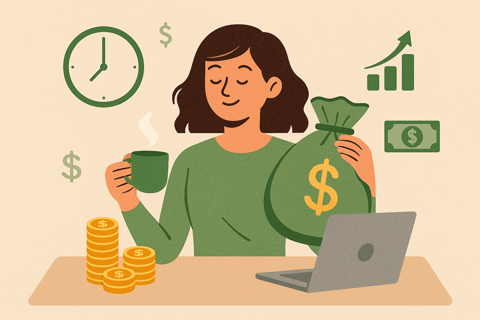 A successful woman sitting by the window early in the morning, journaling her financial goals while sipping coffee – representing millionaire morning habits.