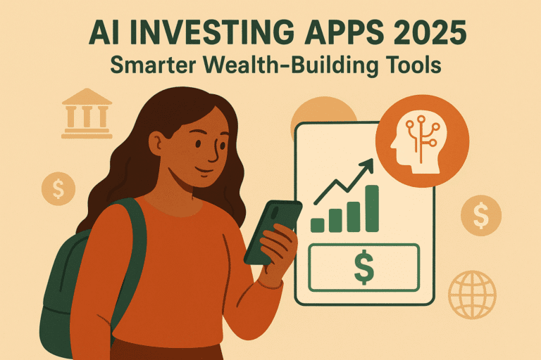 A young woman using AI Investing Apps 2025 on her smartphone, surrounded by dollar-inspired design elements on a cream background.