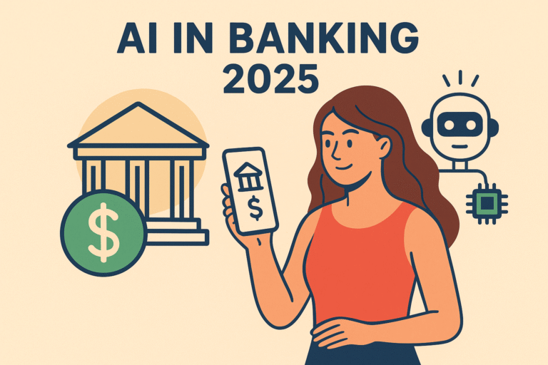 A modern flat-style digital illustration of a young woman using a smartphone with financial icons, dollar-themed color palette, and cream background, representing AI in Banking 2025 and smarter personalized finance.