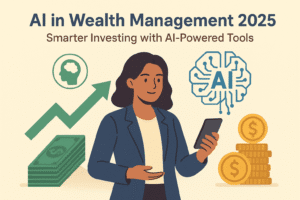 Illustration of a young woman with a dollar-themed color palette on a cream background, symbolizing smart investing and AI-powered tools in finance, representing AI in Wealth Management 2025.