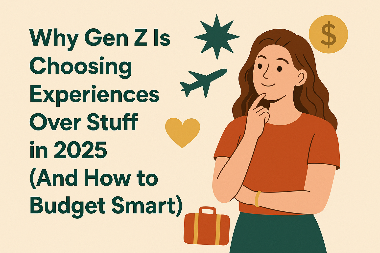 A stylish digital illustration of a young Gen Z woman managing her budget in 2025, surrounded by dollar-themed visuals and lifestyle elements, with a cream background and dollar-tone color palette — representing Gen Z Budgeting for Lifestyle 2025.