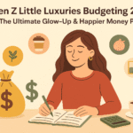 A stylish Gen Z girl enjoying little luxuries while budgeting smart in 2025, with a creamy beige background and a pastel color palette inspired by money — Gen Z Little Luxuries Budgeting 2025.