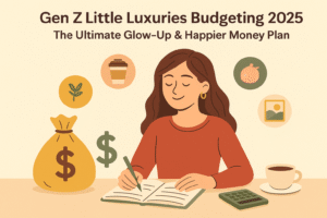 A stylish Gen Z girl enjoying little luxuries while budgeting smart in 2025, with a creamy beige background and a pastel color palette inspired by money — Gen Z Little Luxuries Budgeting 2025.