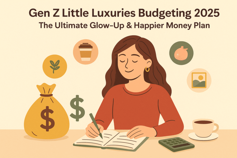 A stylish Gen Z girl enjoying little luxuries while budgeting smart in 2025, with a creamy beige background and a pastel color palette inspired by money — Gen Z Little Luxuries Budgeting 2025.