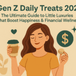 A flat-style illustration for Gen Z Daily Treats 2025 featuring a smiling girl holding a coffee and a macaron, with a cream background and dollar-themed color palette representing small luxuries and financial wellness.
