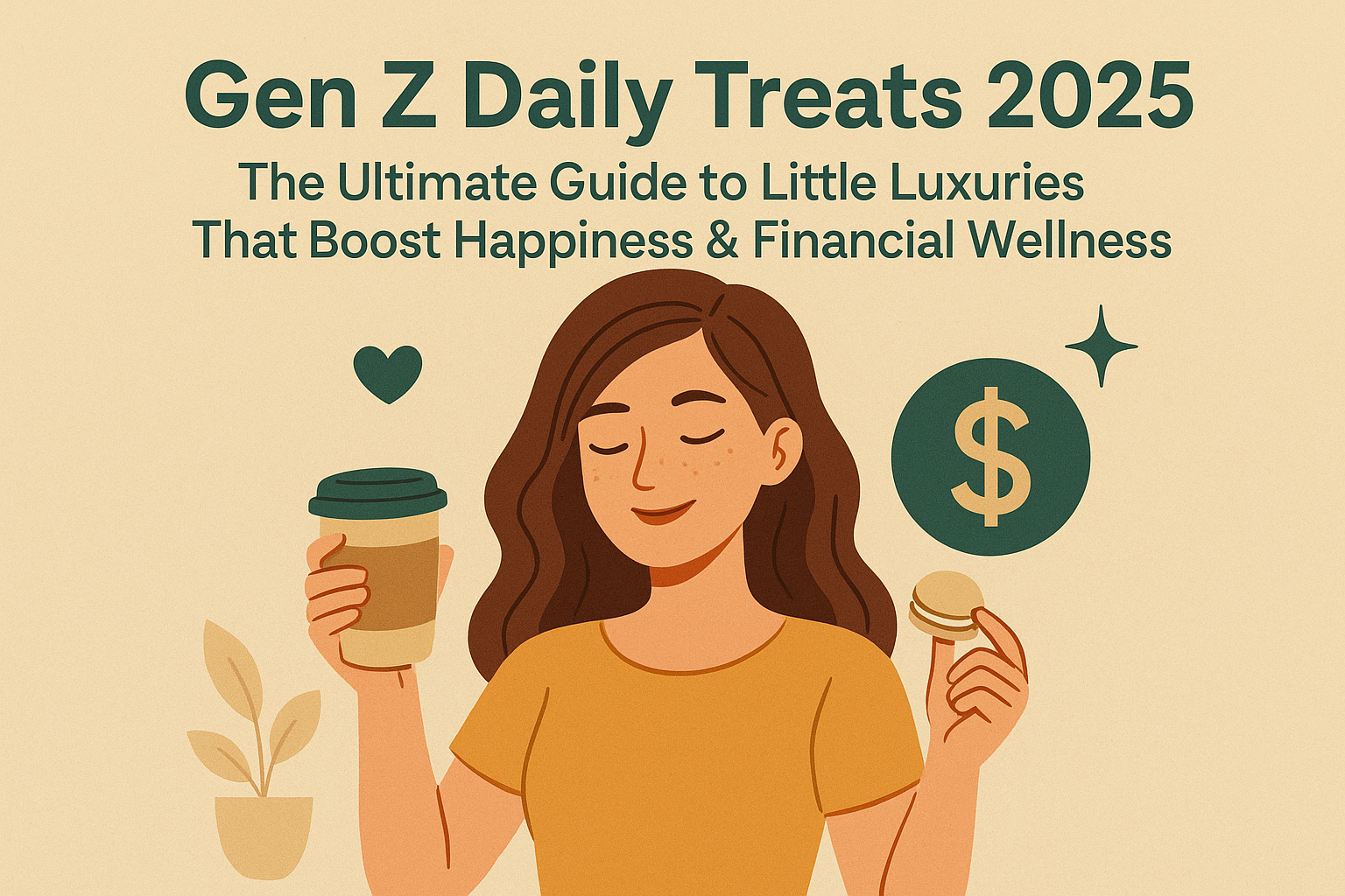 A flat-style illustration for Gen Z Daily Treats 2025 featuring a smiling girl holding a coffee and a macaron, with a cream background and dollar-themed color palette representing small luxuries and financial wellness.